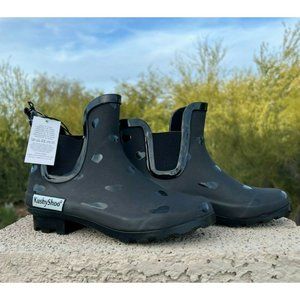 KushyShoo Women's US 5 Ankle Waterproof Black Rubber Slip On Rain Boots